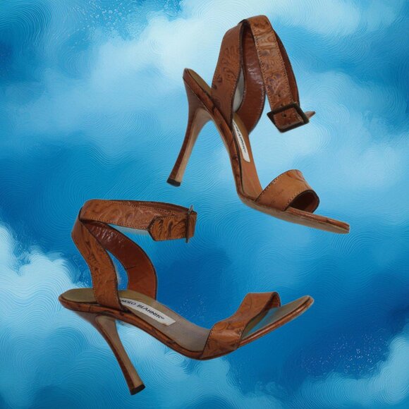 Manolo Blahnik Embossed leather Ankle Wrap Peep Toe Stiletto Sandal, Size 36.5 - Picture 7 of 9